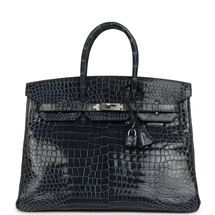 Pre-owned Hermes Birkin 35 Bleu Abysse Shiny Porosus Crocodile Palladium Hardware-Hover-Image