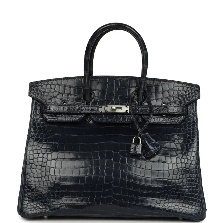 Pre-owned Hermes Birkin 35 Bleu Abysse Shiny Porosus Crocodile Palladium Hardware-Hover-Image