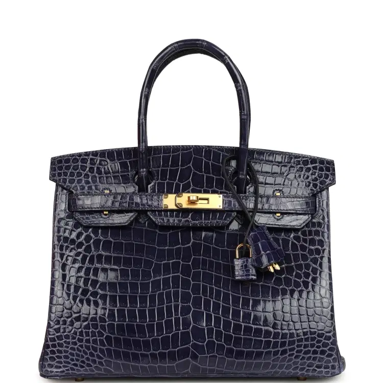 Pre-owned Hermes Birkin 30 Bleu Encre Shiny Porosus Crocodile Gold Hardware-Hover-Image