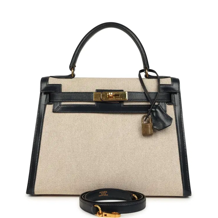 Vintage Hermes Kelly Sellier 28 Bleu Marine Box and Beige-Ecru Toile H Canvas Gold Hardware-Hover-Image