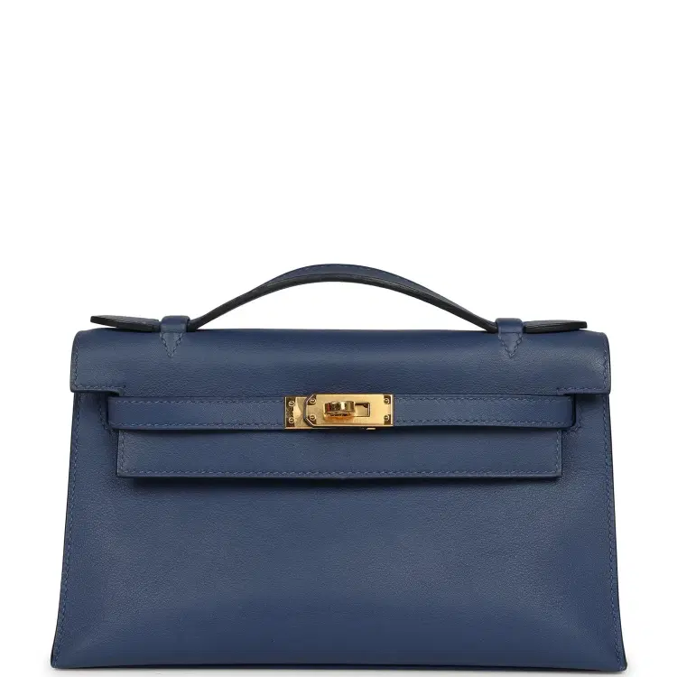 Pre-owned Hermes Kelly Pochette Bleu Brighton Swift Gold Hardware-Hover-Image