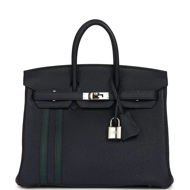 Pre-owned Hermes Officier Birkin 25 Bleu Nuit Togo and Vert Cypress Swift Palladium Hardware-Hover-Image