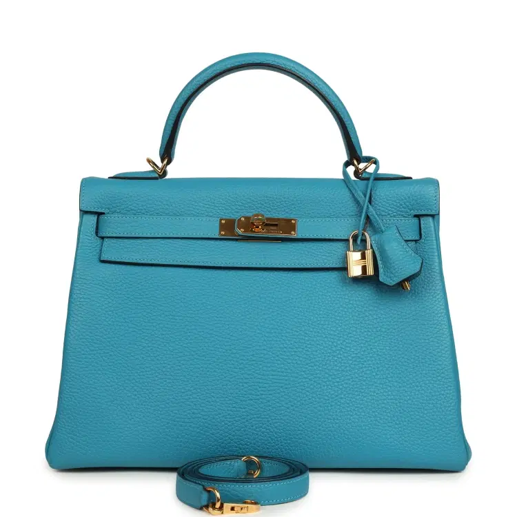 Pre-owned Hermes Kelly Retourne 32 Turquoise Clemence Gold Hardware-Hover-Image