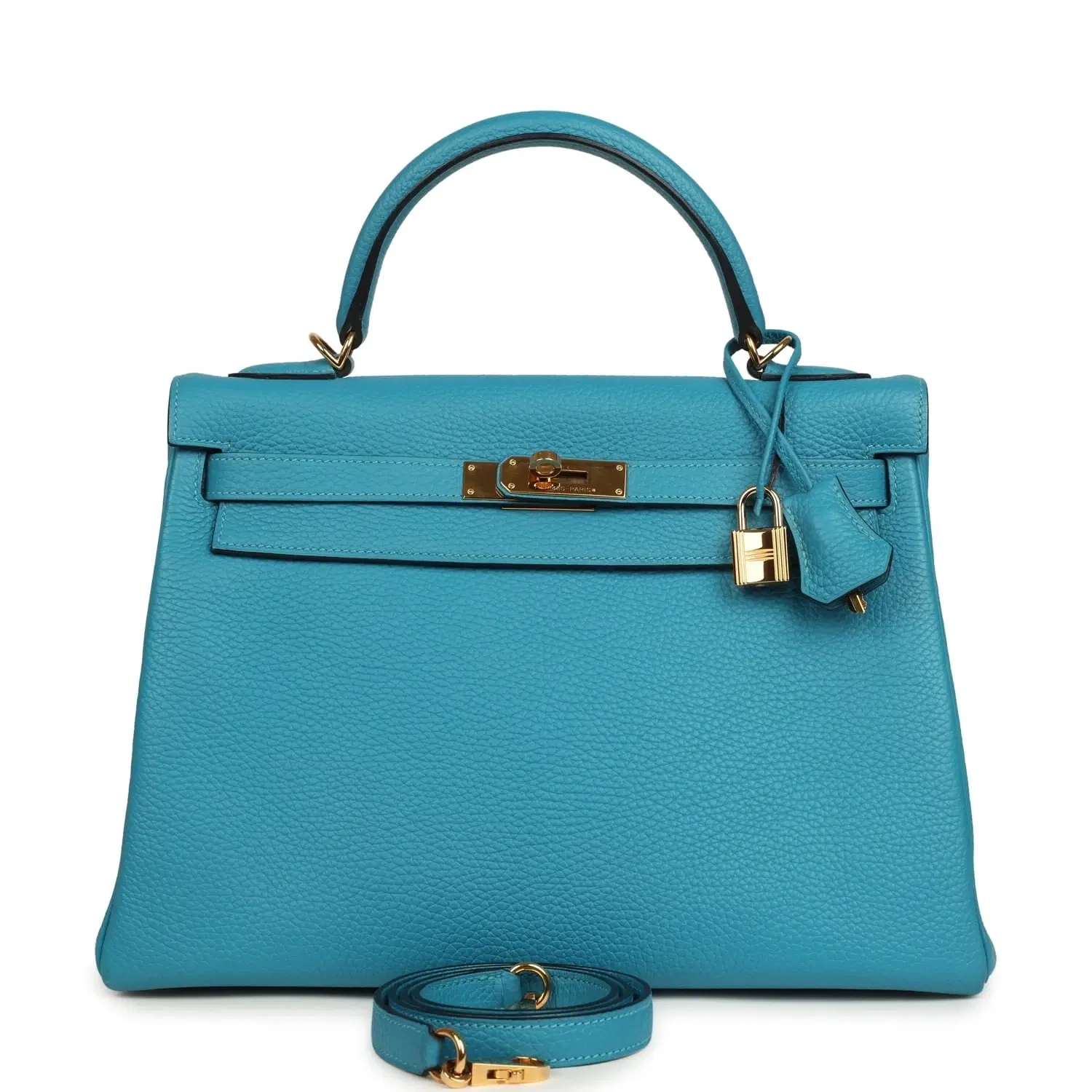 Pre-owned Hermes Kelly Retourne 32 Turquoise Clemence Gold Hardware