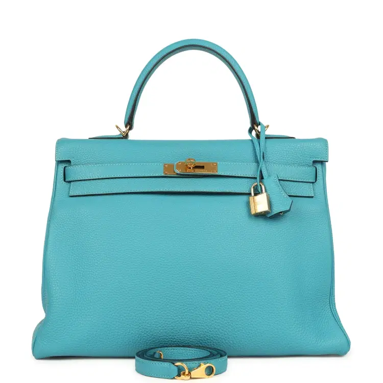Pre-owned Hermes Kelly Retourne 35 Turquoise Togo Gold Hardware-Hover-Image