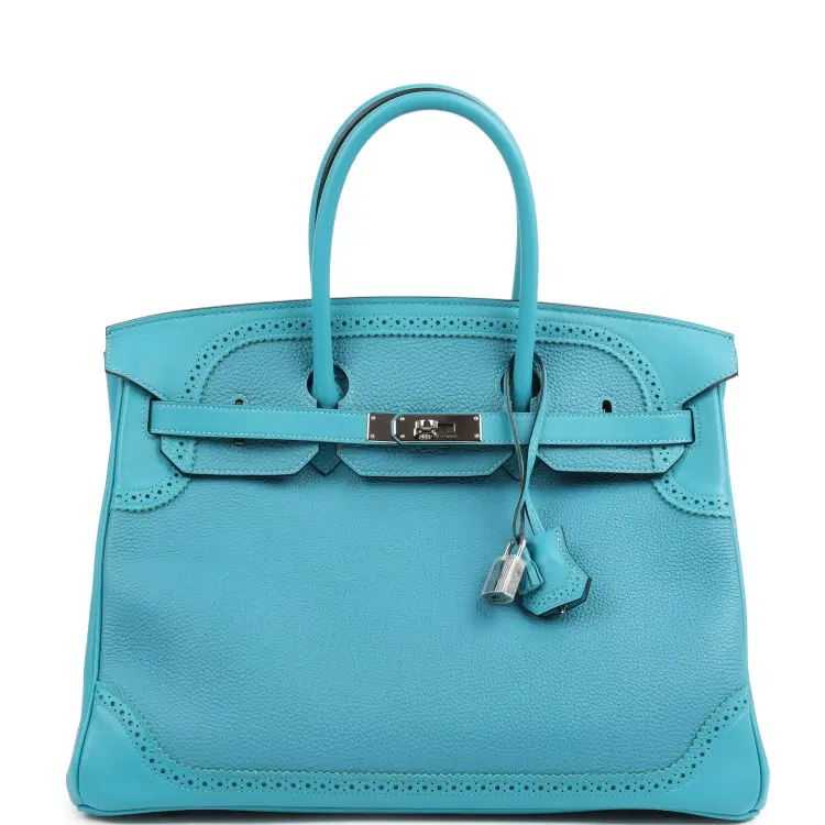 Pre-owned Hermes Birkin Ghillies 35 Turquoise Togo and Swift Palladium Hardware-Hover-Image