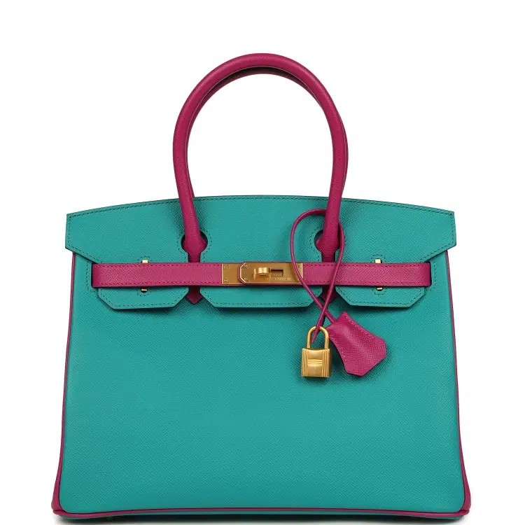 Hermes Special Order (HSS) Birkin 30 Bleu Paon and Rose Poupre Brushed Gold Hardware-Hover-Image