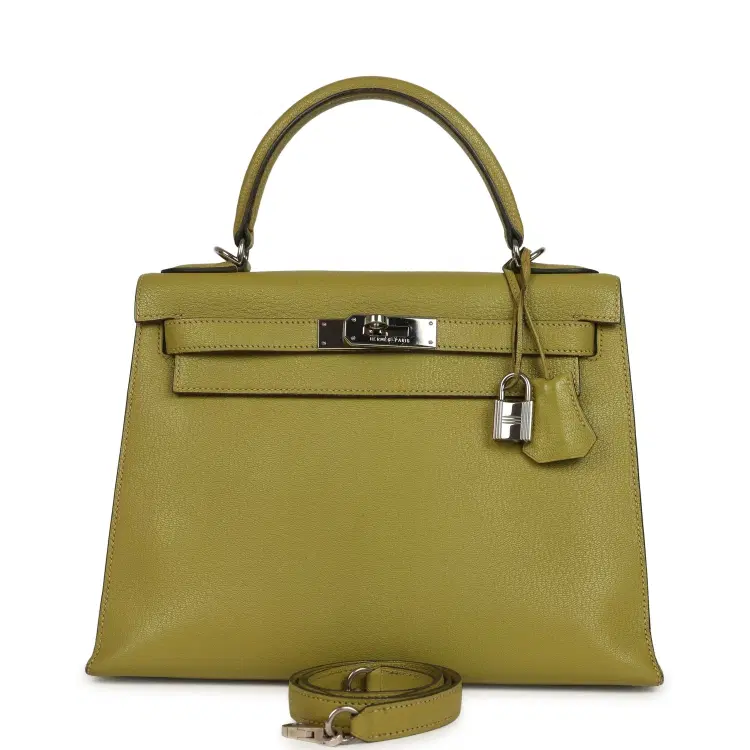 Vintage Hermes Kelly Sellier 28 Vert Chartreuse Chevre Mysore Palladium Hardware-Hover-Image