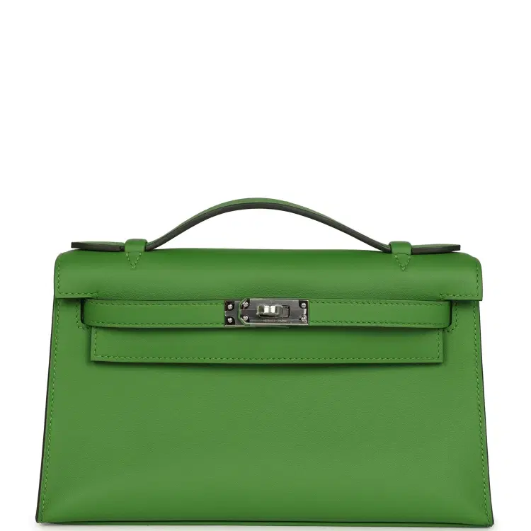 Hermes Kelly Pochette Vert Yucca Swift Palladium Hardware-Hover-Image