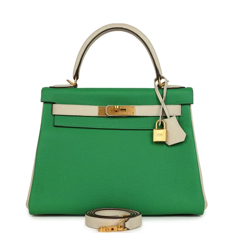 Pre-owned Hermes Special Order (HSS) Kelly Retourne 28 Bambou and Craie Togo Brushed Gold Hardware-Hover-Image
