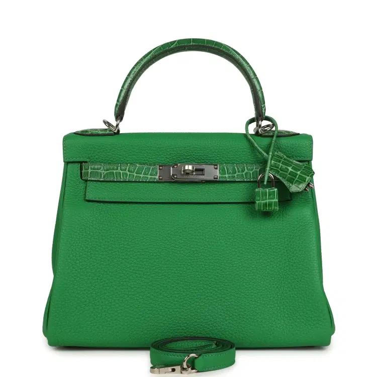 Hermes Kelly Retourne 28 Bambou Togo and Shiny Niloticus Crocodile Touch Palladium Hardware-Hover-Image