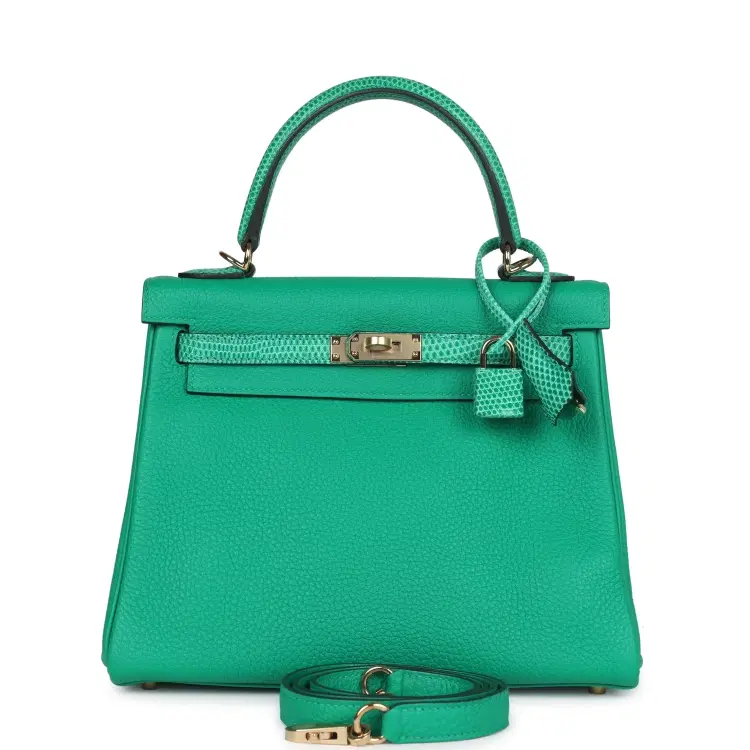 Hermes Kelly Retourne 25 Menthe Togo and Varanus Niloticus Lizard Touch Permabrass Hardware-Hover-Image