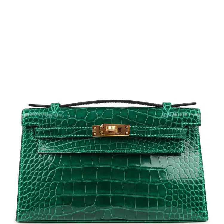 Hermes Kelly Pochette Vert Emeraude Shiny Alligator Gold Hardware-Hover-Image