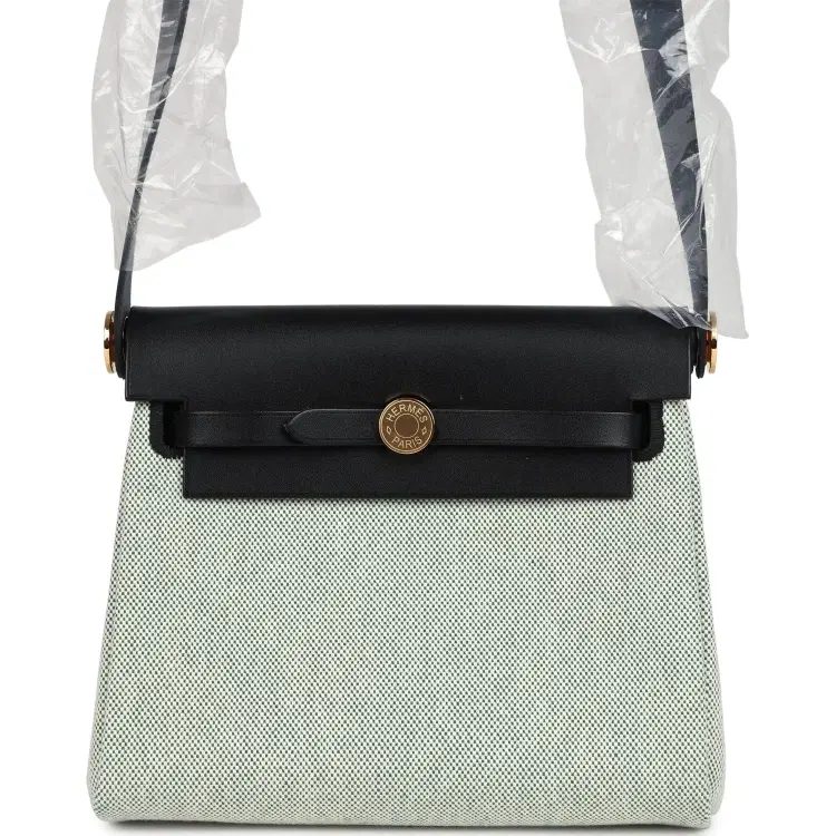 Hermes Herbag Zip 20 Mini Ecru and Vert Moyen Toile H Canvas and Black Vache Hunter Gold Hardware-Hover-Image