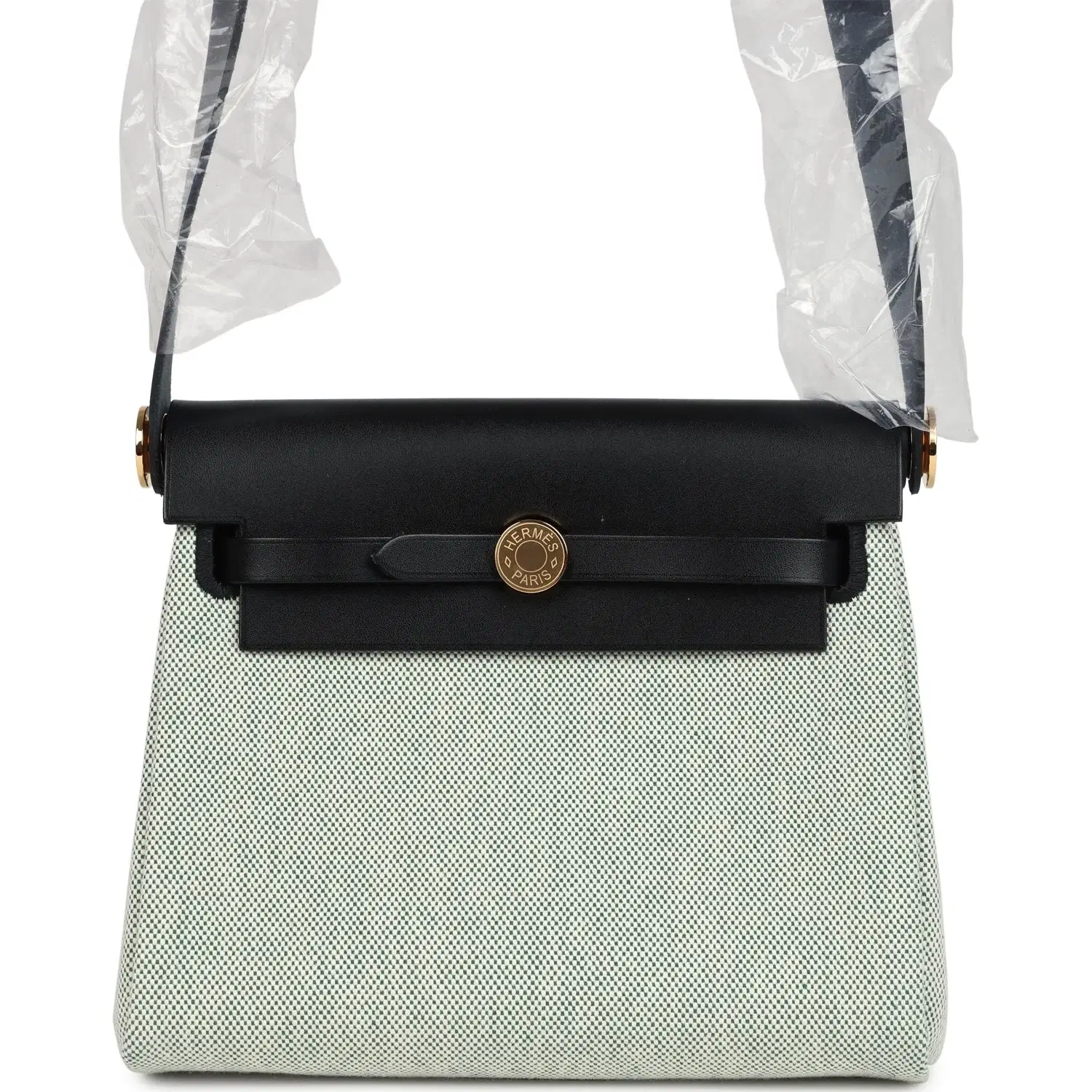 Hermes Herbag Zip 20 Mini Ecru and Vert Moyen Toile H Canvas and Black Vache Hunter Gold Hardware