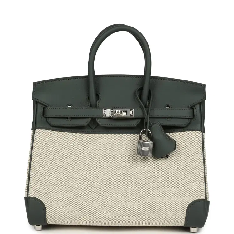 Hermes Birkin 25 Ecru-Vert Amande Toile H Canvas and Vert Mangrove Swift Palladium Hardware-Hover-Image