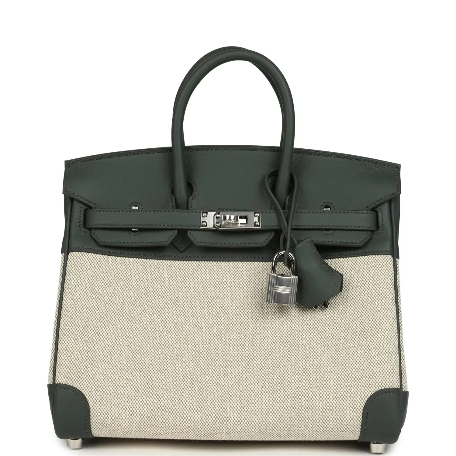 Hermes Birkin 25 Ecru-Vert Amande Toile H Canvas and Vert Mangrove Swift Palladium Hardware