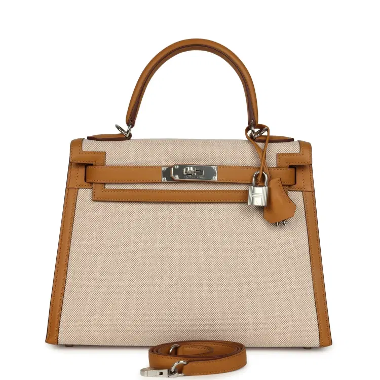 Pre-owned Hermes Kelly Sellier 28 Beige & Ecru Toile H Canvas and Sesame Swift Palladium Hardware-Hover-Image