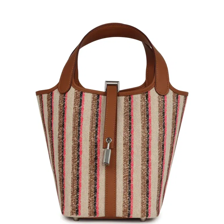 Hermes Stripe Picotin Lock 18 Gold Swift and Ecru-Beige, Rose Pop, Black and Fauve Toile H Canvas Palladium Hardware-Hover-Image