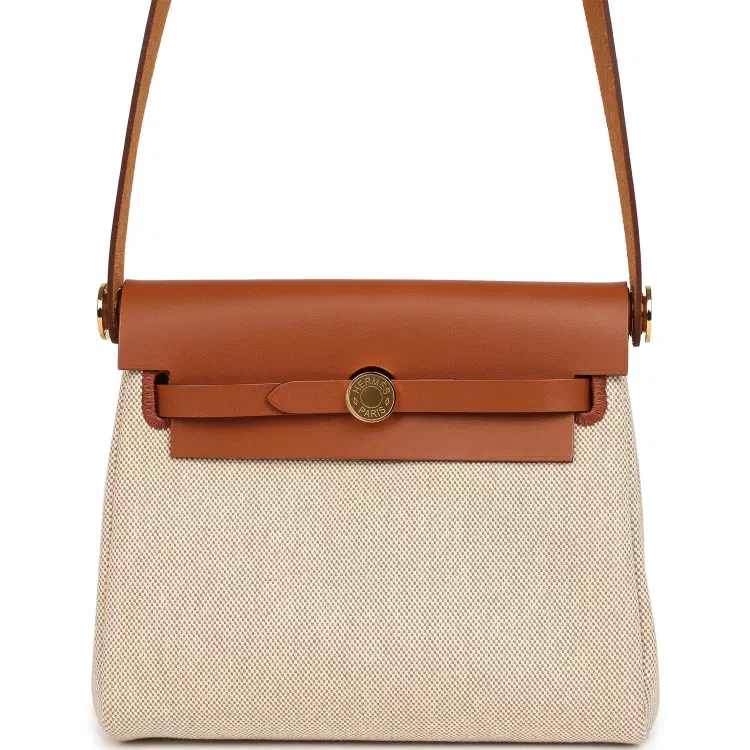 Hermes Herbag Zip 20 Mini Ecru and Beige Toile H Canvas and Fauve Vache Hunter Gold Hardware-Hover-Image