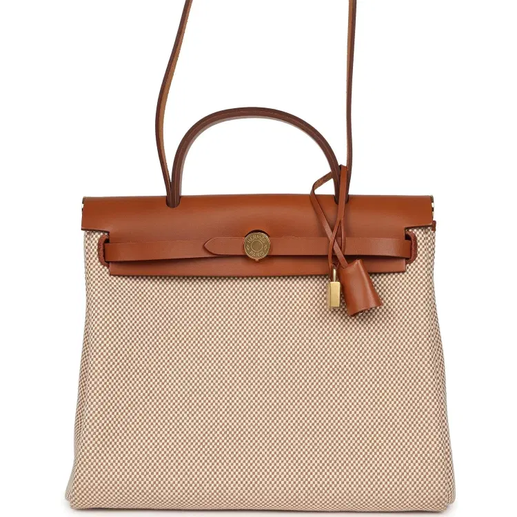 Hermes Herbag Zip PM 31 Fauve Vache Hunter and Ecru-Beige Criss Viking Canvas Gold Hardware-Hover-Image