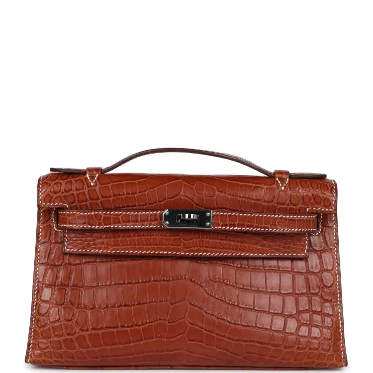 Vintage Hermes Kelly Pochette Fauve Matte Niloticus Crocodile Ruthenium Hardware-Hover-Image