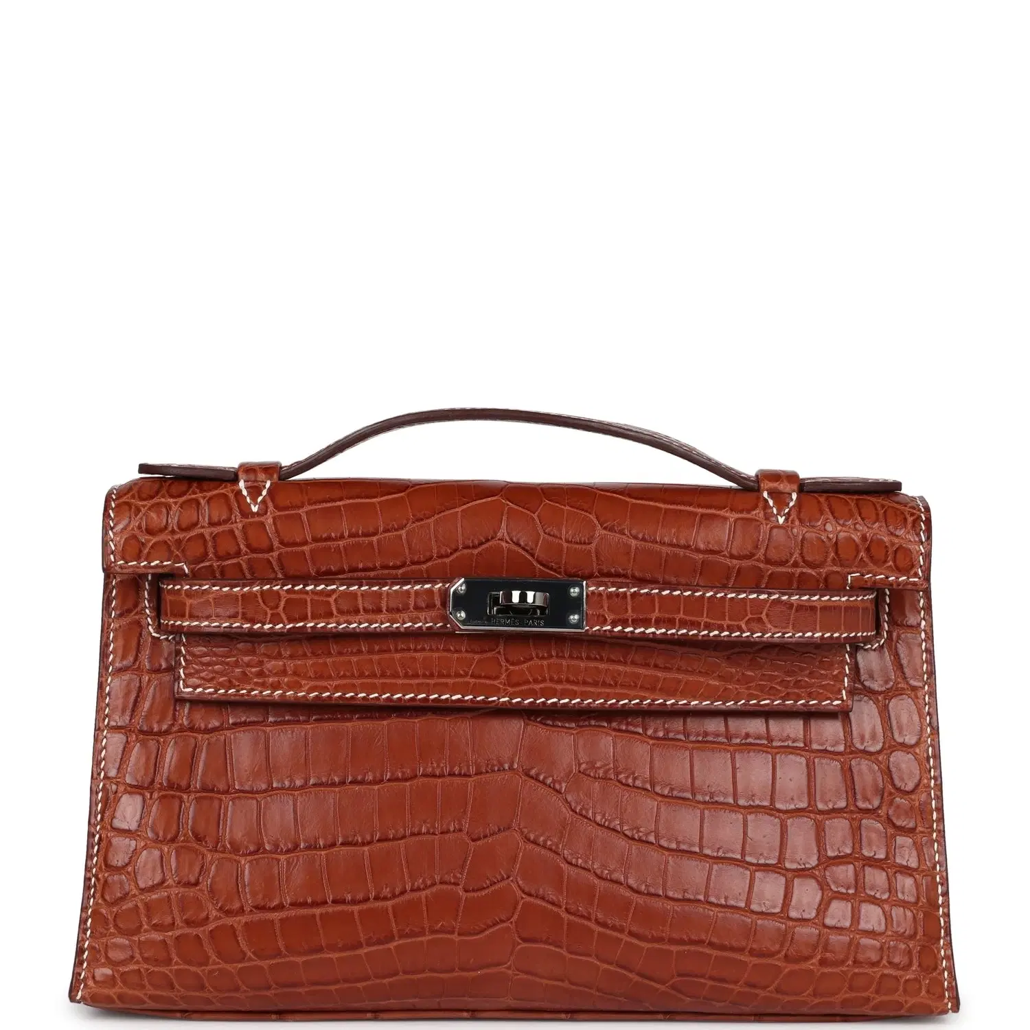 Vintage Hermes Kelly Pochette Fauve Matte Niloticus Crocodile Ruthenium Hardware