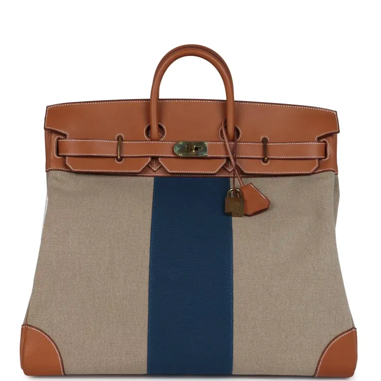 Pre-owned Hermes Birkin HAC 50 Flag Ficelle Toile H, Fauve Barenia and Bleu Toile H Canvas Gold Hardware-Hover-Image