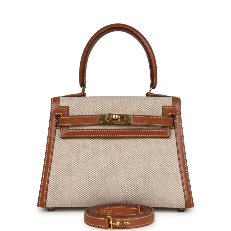 Vintage Hermes Kelly Sellier 20 Gold Courchevel and Ecru-Beige Toile H Canvas Gold Hardware-Hover-Image
