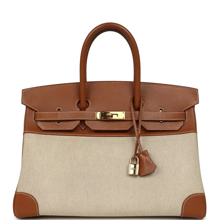 Vintage Hermes Birkin 35 Gold Courchevel and Gold-Ecru Toile H Canvas Gold Hardware-Hover-Image