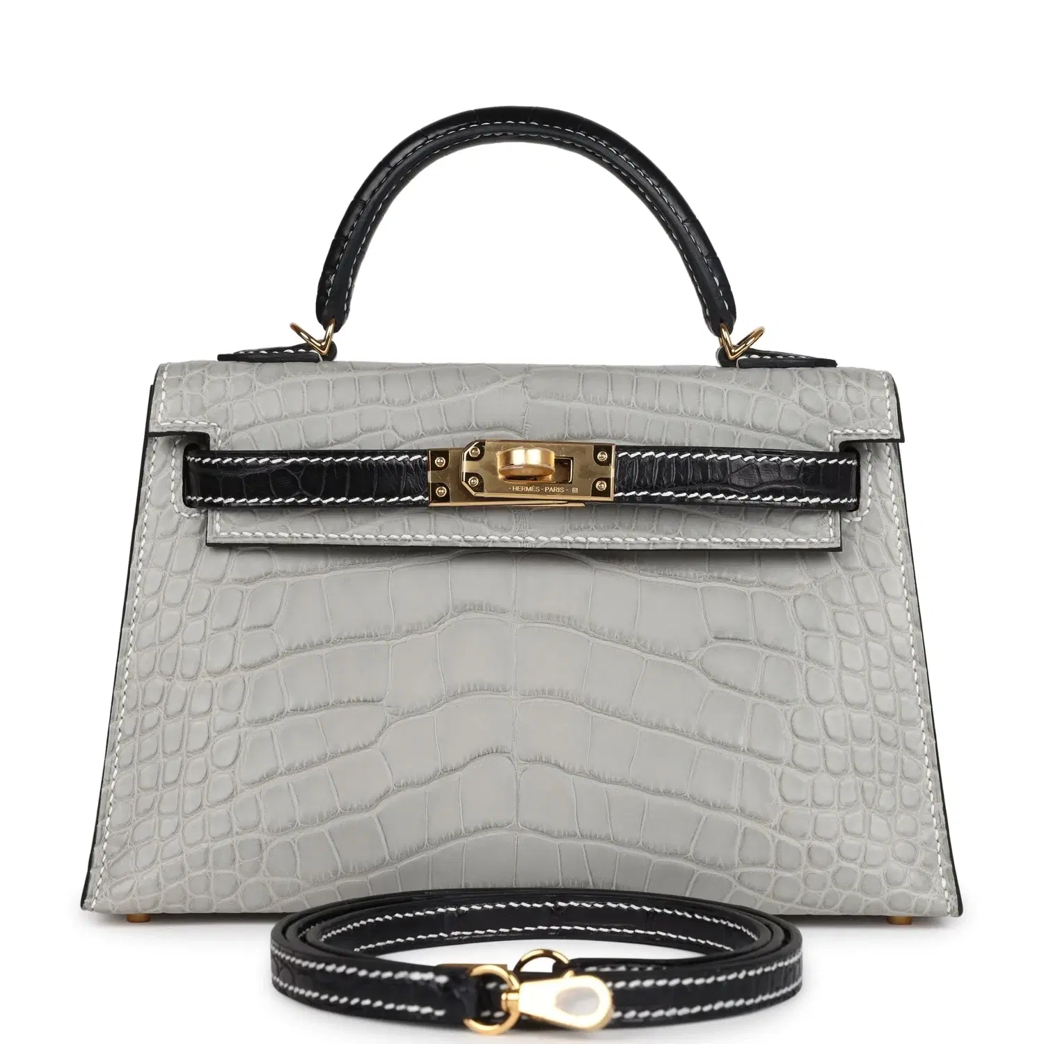 Hermes Special Order (HSS) Kelly Sellier 20 Gris Perle and Black Matte Alligator Gold Hardware
