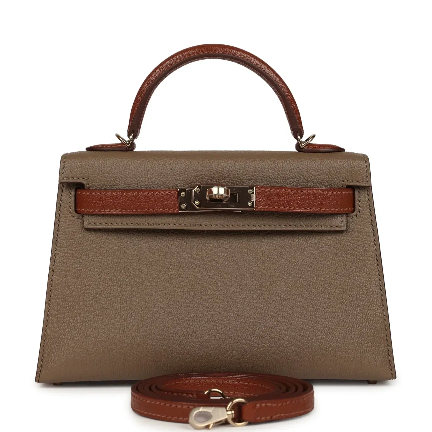 Hermes Special Order (HSS) Kelly Sellier 20 Etoupe and Havane Chevre Mysore Permabrass Hardware