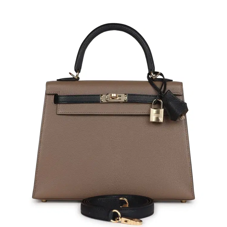 Hermes Special Order (HSS) Kelly Sellier 25 Black and Etoupe Chevre Mysore Permabrass Hardware-Hover-Image