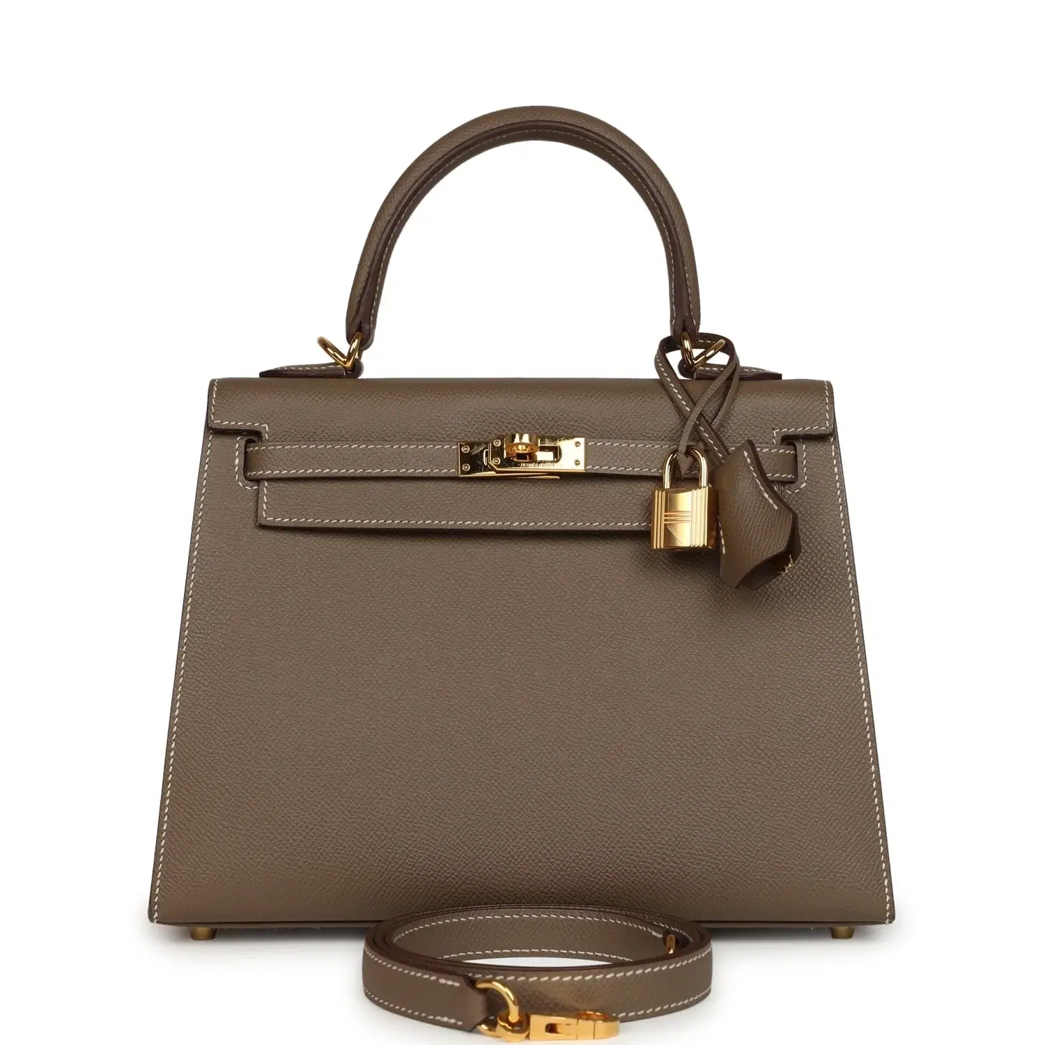 Pre-owned Hermes Kelly Sellier 25 Etoupe Epsom Gold Hardware