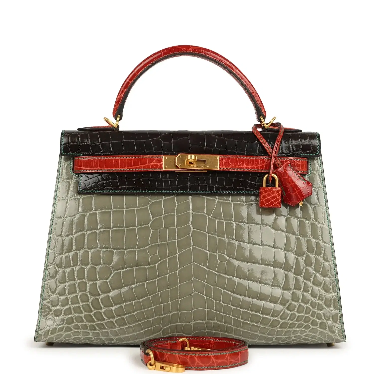 Pre-owned Hermes Special Order (HSS) Kelly Sellier 32 Graphite, Gris Tourterelle and Geranium Shiny Niloticus Crocodile Brushed Gold Hardware