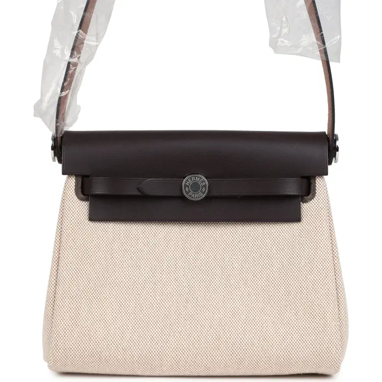 Hermes Herbag Zip 20 Mini Ecru and Beige Toile H Canvas and Ebene Vache Hunter Palladium Hardware-Hover-Image