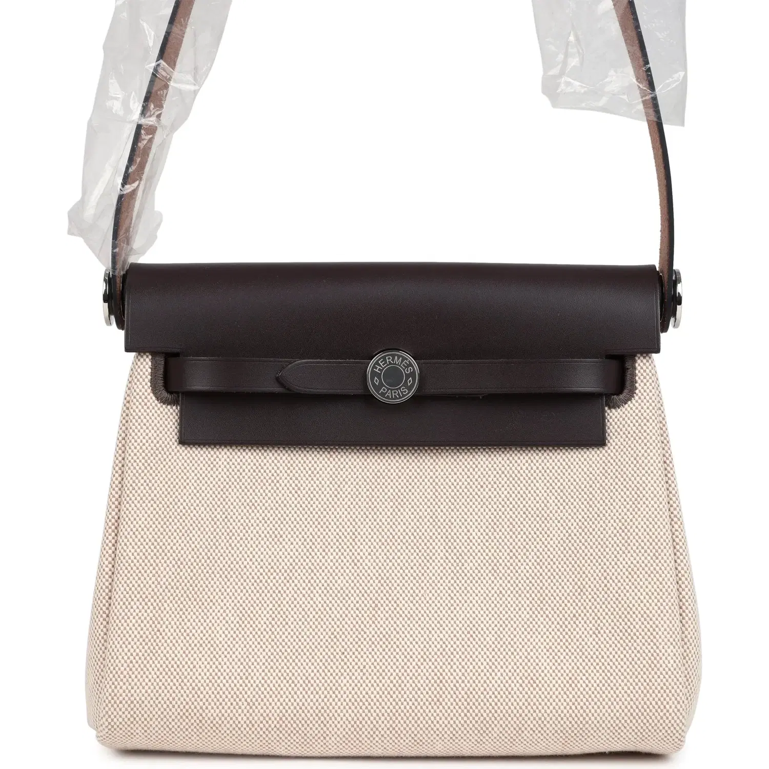 Hermes Herbag Zip 20 Mini Ecru and Beige Toile H Canvas and Ebene Vache Hunter Palladium Hardware