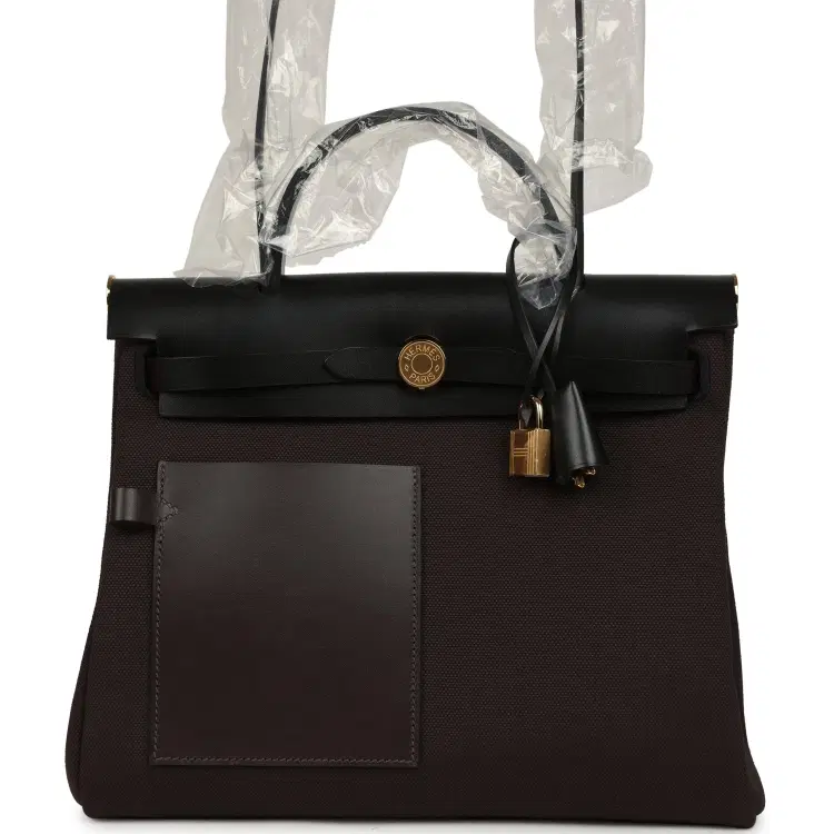 Hermes Herbag Zip Pocket PM 31 Ebene Militaire Canvas and Black Vache Hunter Gold Hardware-Hover-Image