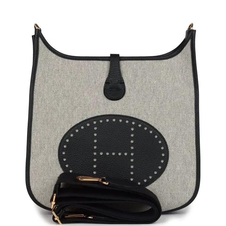 Hermes Evelyne III PM Black Clemence and Ecru Toile Gold Hardware-Hover-Image