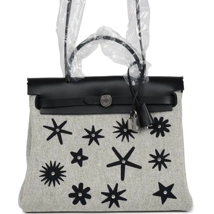 Hermes Herbag Zip 31 PM Hobnailed Black and Ecru Printed H Plume Canvas and Vache Hunter Palladium Hardware-Hover-Image