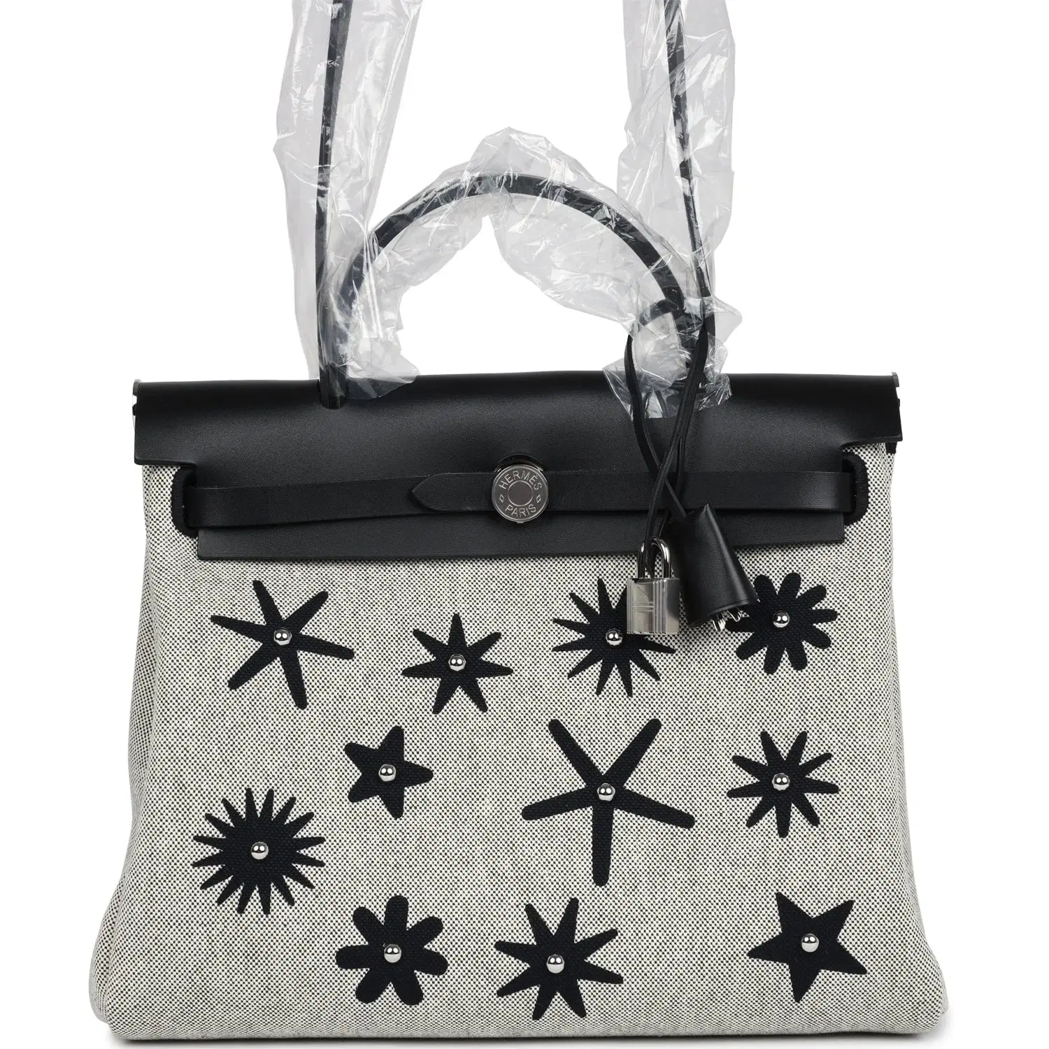 Hermes Herbag Zip 31 PM Hobnailed Black and Ecru Printed H Plume Canvas and Vache Hunter Palladium Hardware