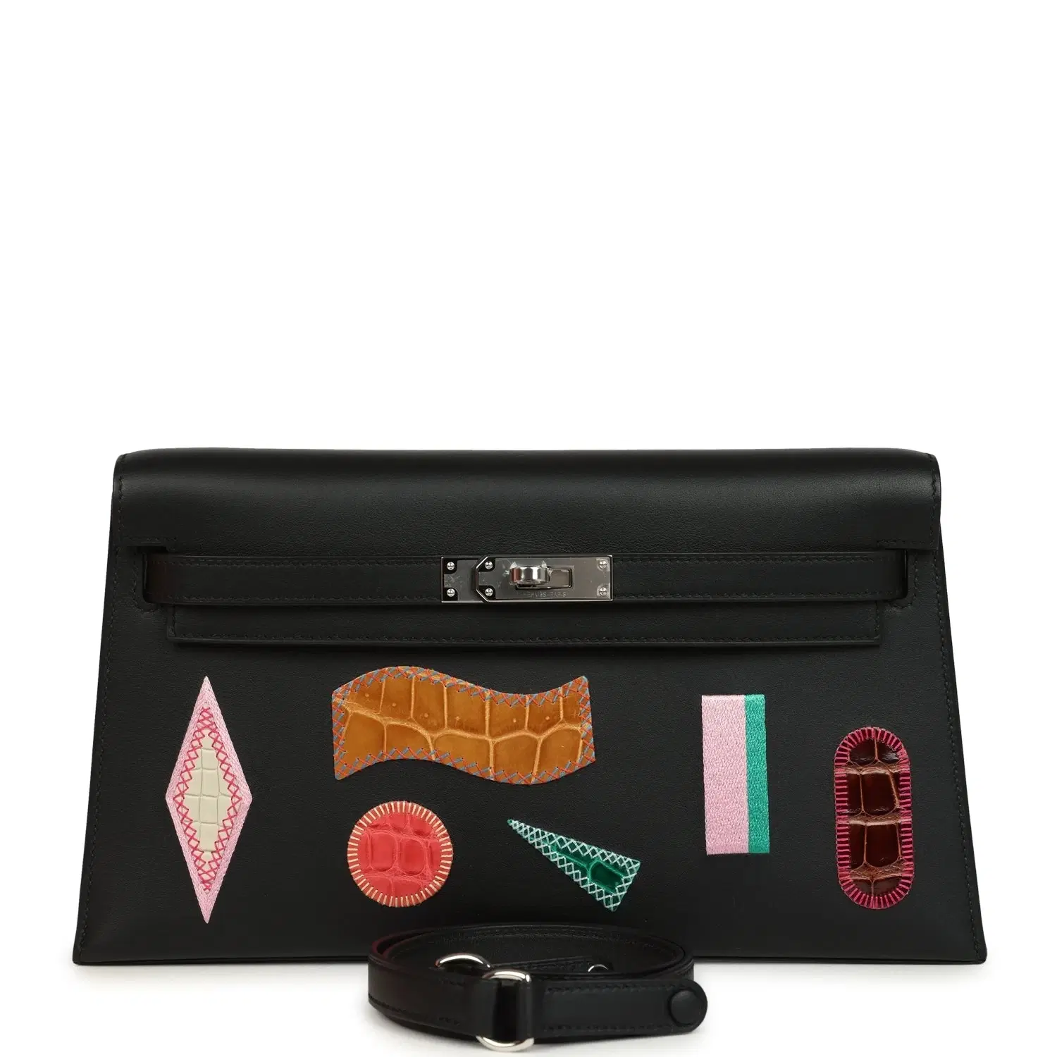 Hermes Kelly Elan Broderie Black Bet-Tab Swift, Niloticus Crocodile and Alligator Palladium Hardware