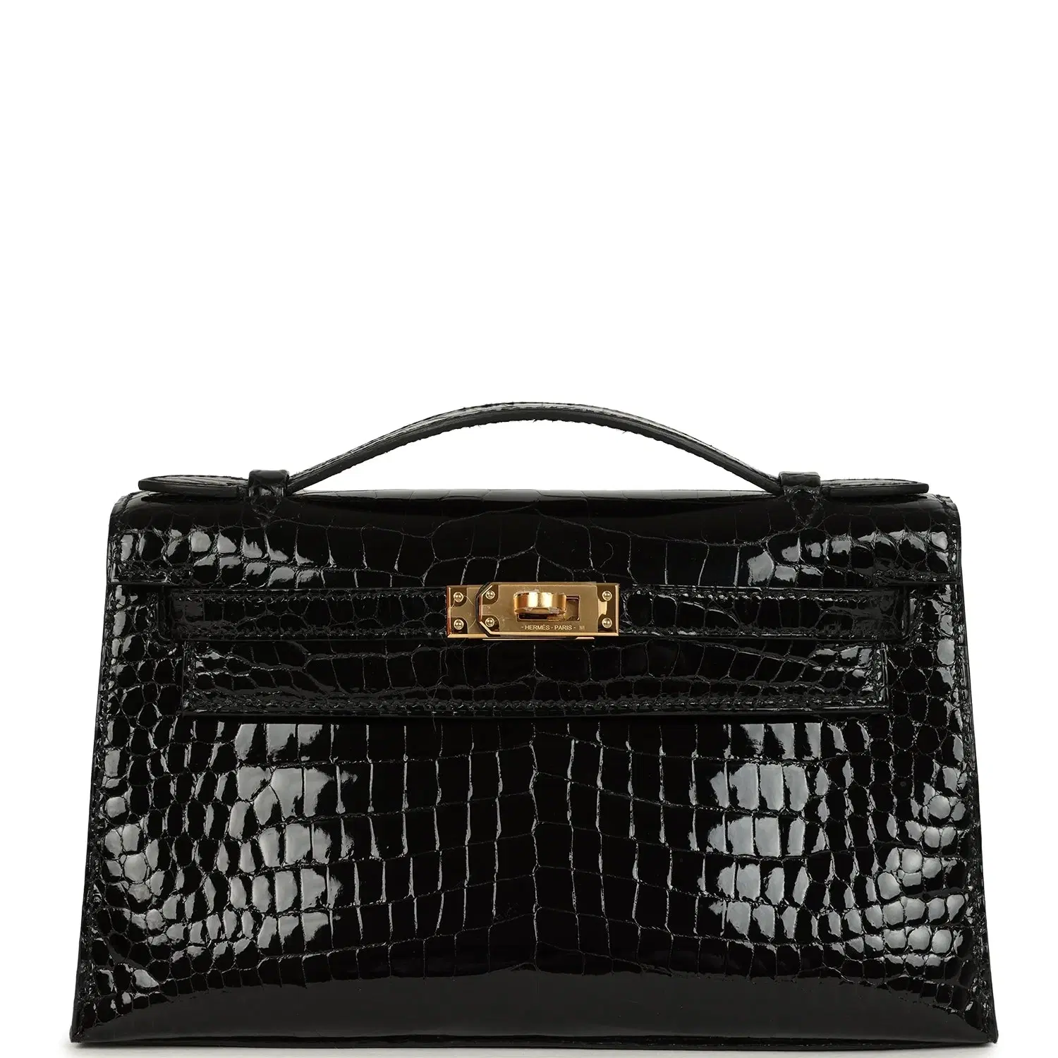 Hermes Kelly Pochette Black Shiny Porosus Crocodile Gold Hardware
