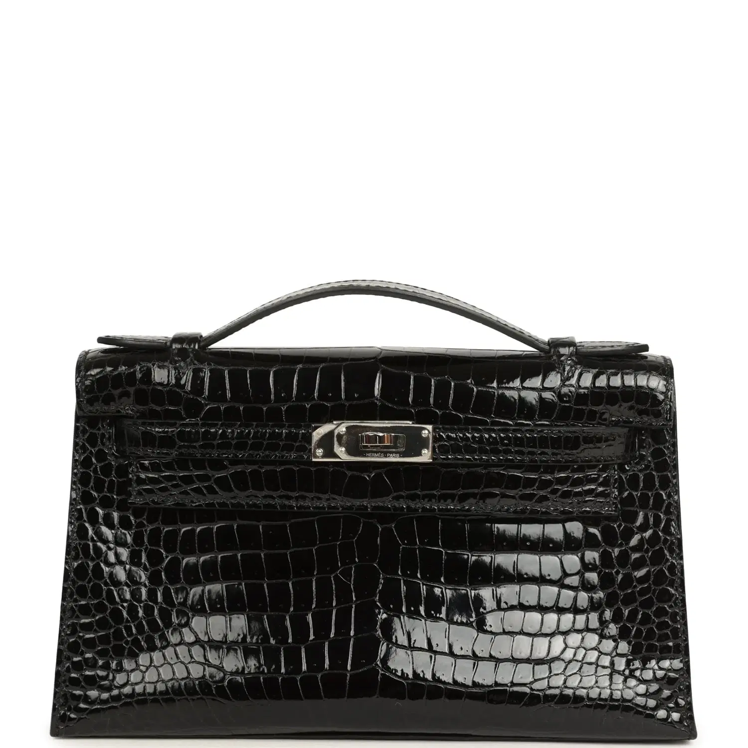 Pre-owned Hermes Kelly Pochette Black Shiny Porosus Crocodile Palladium Hardware