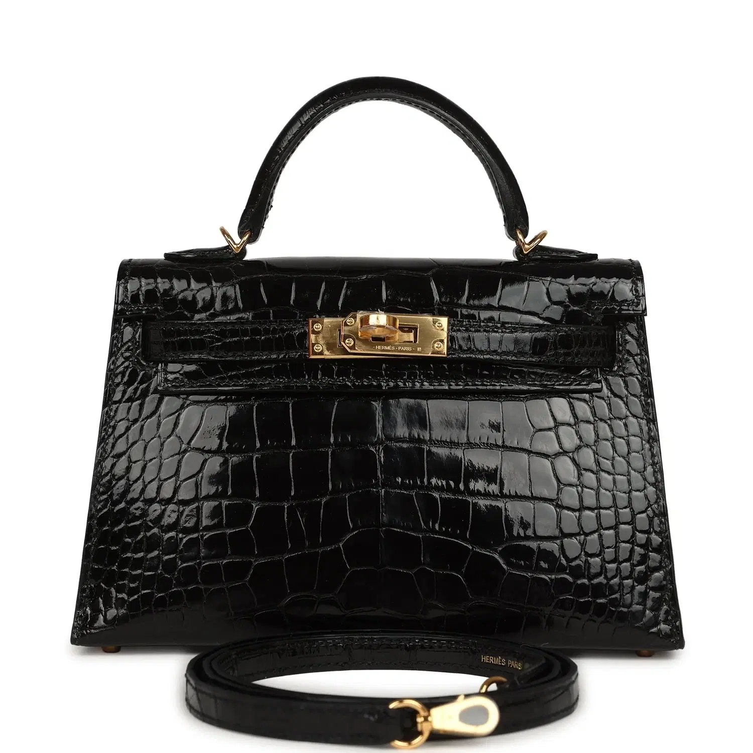 Hermes Kelly Sellier 20 Black Shiny Alligator Gold Hardware