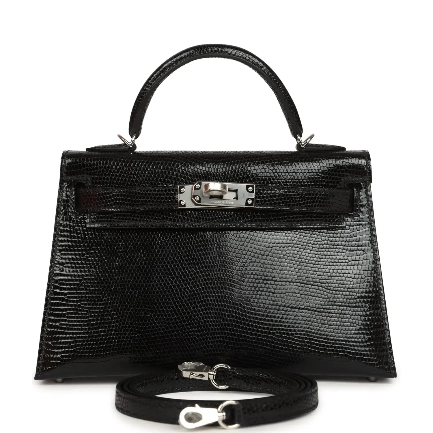Hermes Kelly Sellier 20 Black Shiny Lizard Palladium Hardware