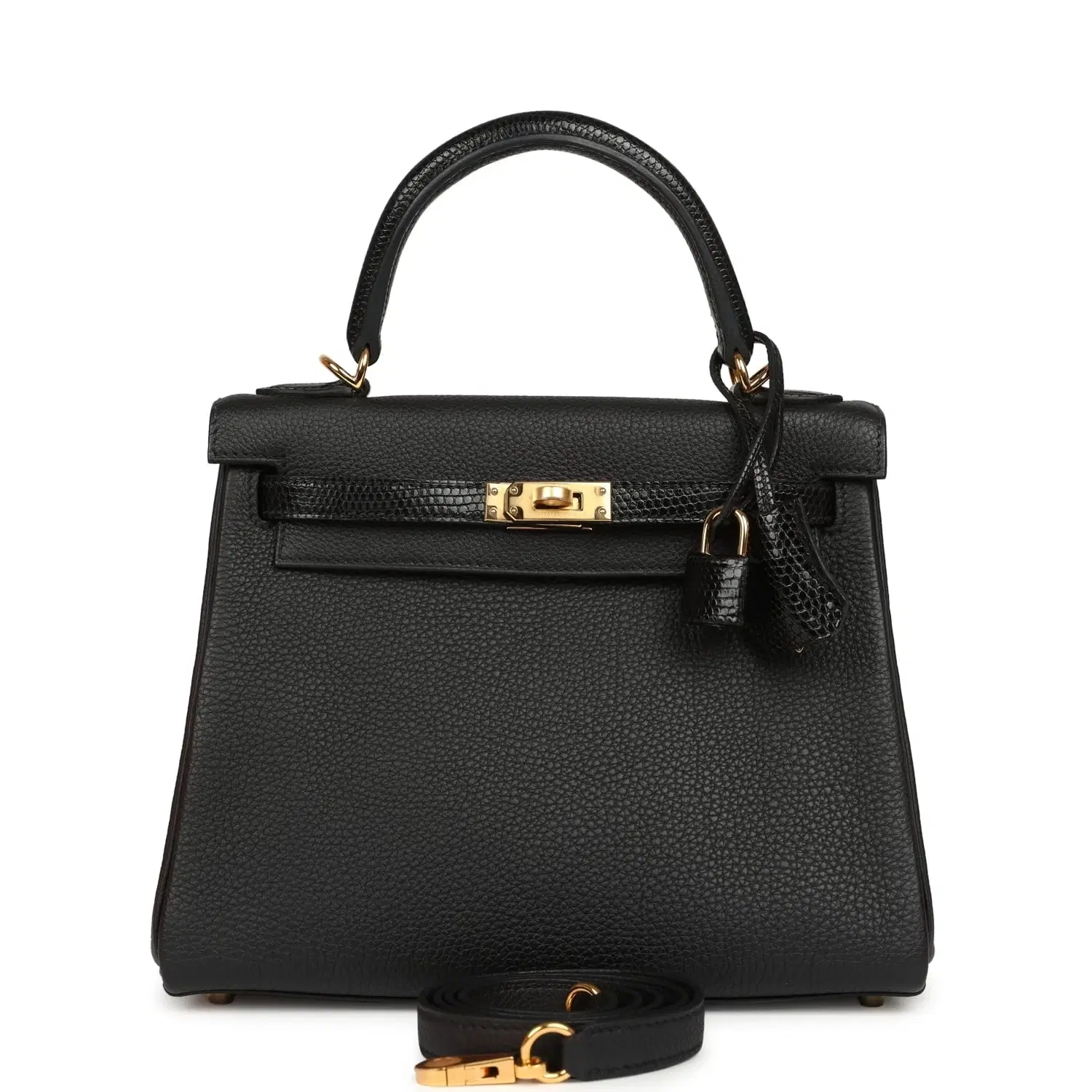 Hermes Kelly Retourne 25 Black Togo and Varanus Niloticus Lizard Touch Gold Hardware