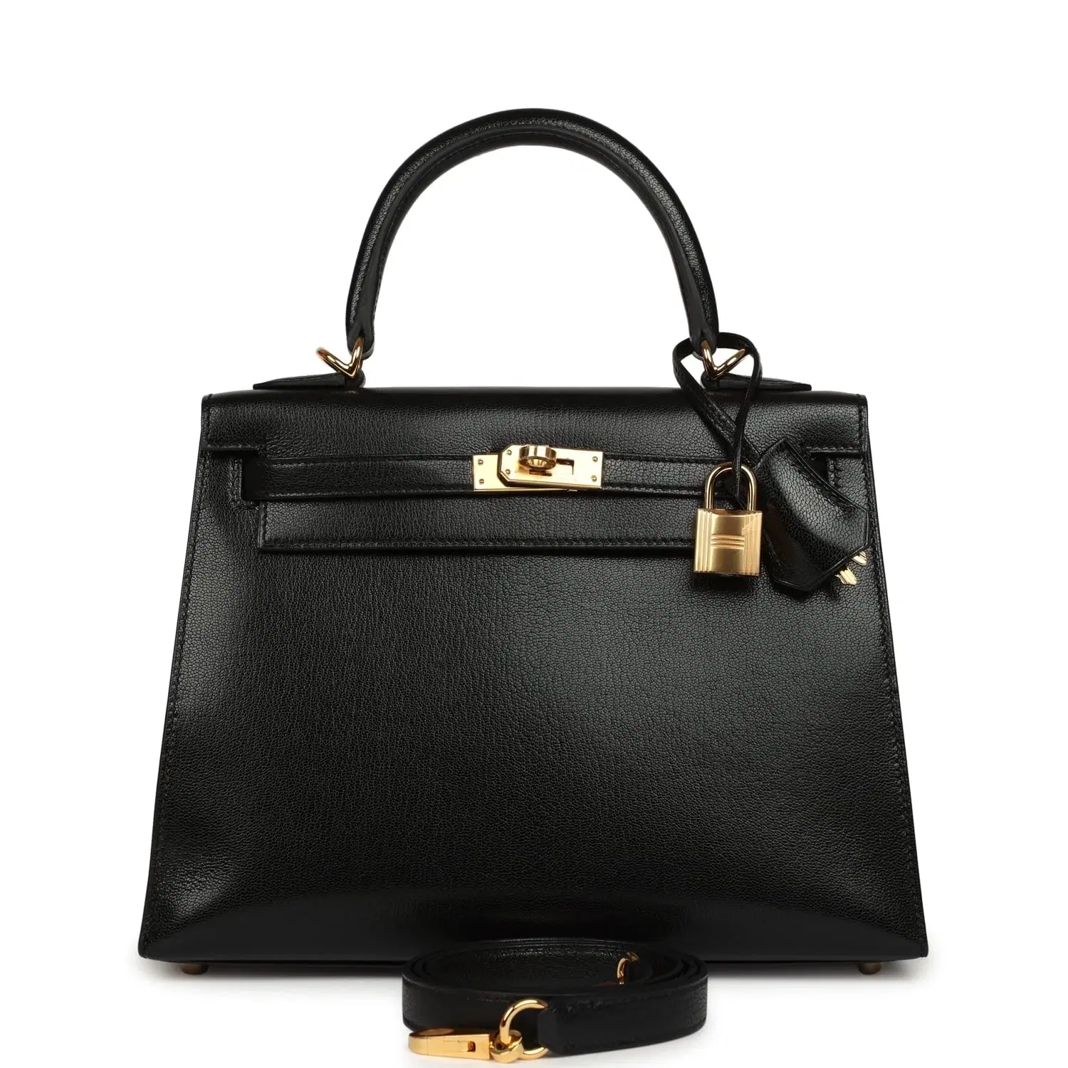 Hermes Kelly Sellier 25 Black Chevre Chamkila Gold Hardware