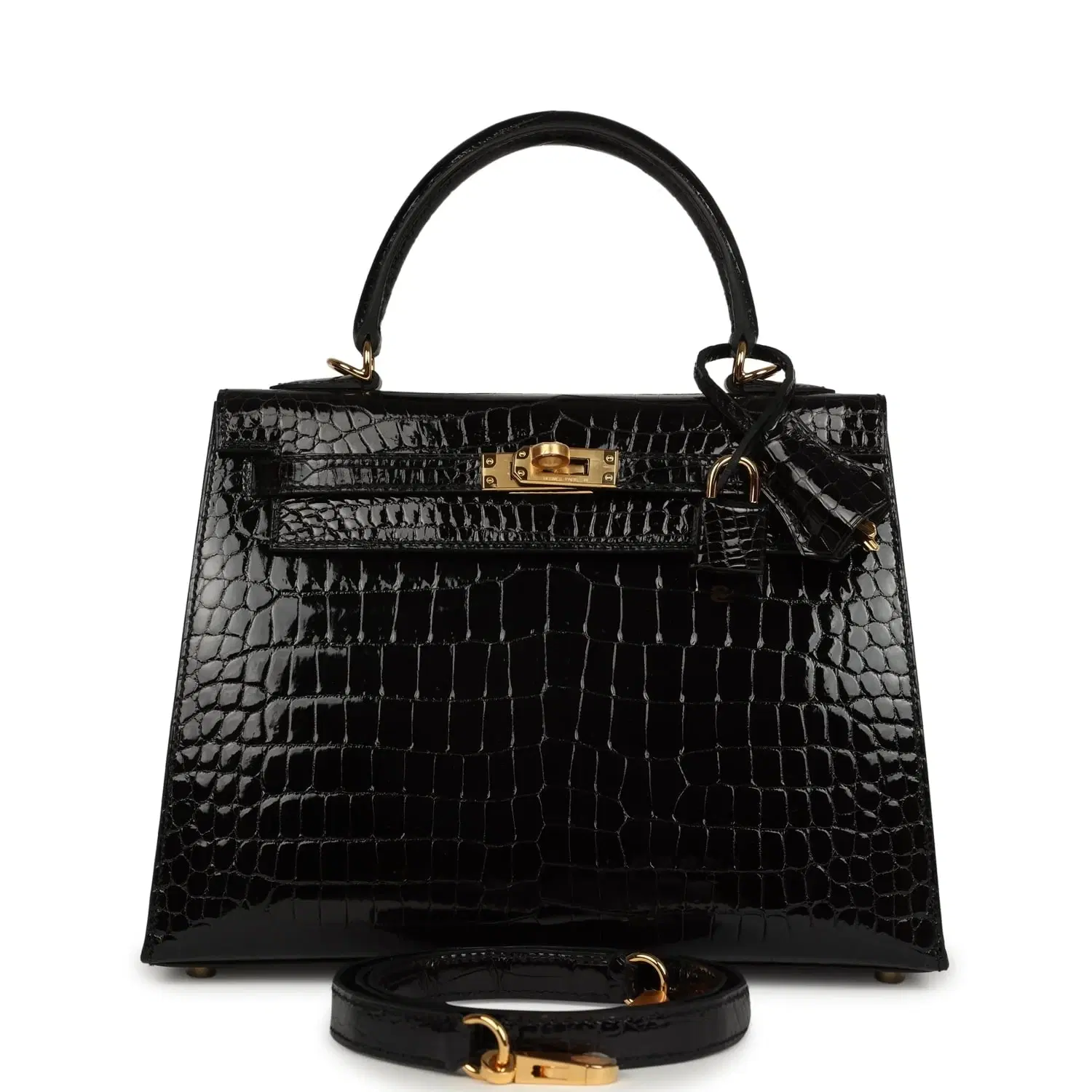 Hermes Kelly Sellier 25 Black Shiny Porosus Crocodile Gold Hardware