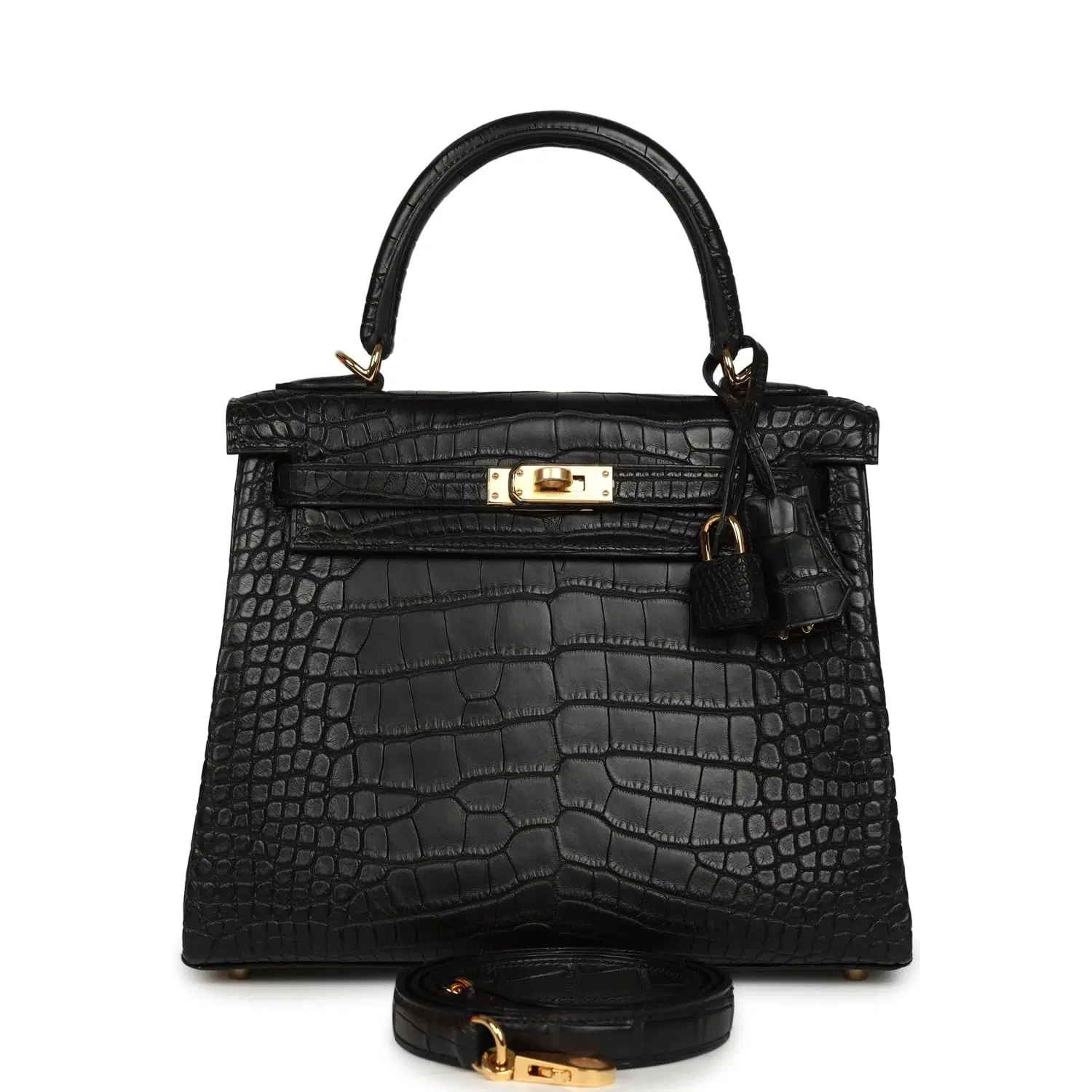 Hermes Kelly Retourne 25 Black Matte Alligator Gold Hardware